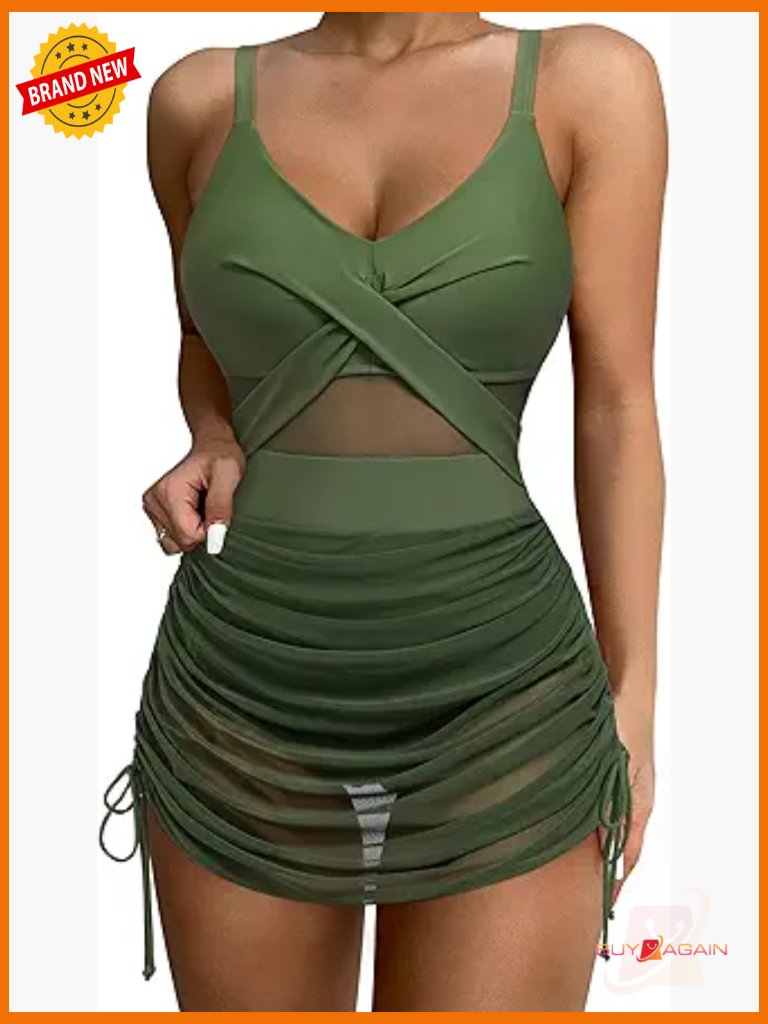 Tummy Control One Piece Swim Dress With Mesh Cut Out